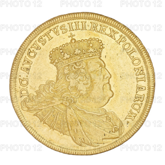 Double Augustor; maker: Croll, Ernest Dietrich (fl. 1753–1763); subject: August III SAS (King of Poland; Elector of Saxony; 1696–1763); type: thaler (coin), 1756. Obverse: Crowned bust of the king in right profile, with the Order of the Golden Fleece on the chest. Inscription: D:G:AUGUSTUS III.REX POLONIARUM. Reverse: Under the crown, a five-field shield surrounded by two palm branches, with the Polish, Lithuanian, and Saxon coats of arms. At the bottom: EC /10:TH. Inscription: SAC.ROM.IMP.ARCHIM. ET ELECT. Edge decorated with notches. Diameter 28.5 mm; weight 13.30 g., A round metallic coin with a golden color, showing the raised profile of a man facing right wearing a detailed crown and flowing curly hair, with ornate clothing and a draped collar. The coin edge has a ridged border and the surface shows small spots and slight wear. The visible hues are shades of gold and light yellow.