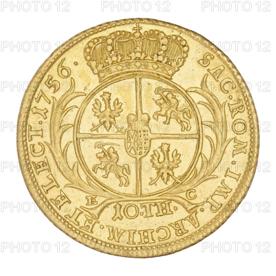 Double Augustor; maker: Croll, Ernest Dietrich (fl. 1753–1763). Subject: August III Sas (King of Poland 1733–1763; Elector of Saxony 1696–1763). Place/date: Leipzig, 1756. Object: thaler (coin). Obverse: Crowned bust of the king in right profile, with the Order of the Golden Fleece on the chest. Inscription: D:G:AUGUSTUS III.REX POLONIARUM. Reverse: Under a crown, a five-field shield surrounded by two palm branches, with Polish, Lithuanian, and Saxon coats of arms; at the bottom EC /10:TH. Inscription: SAC.ROM.IMP.ARCHIM. ET ELECT.1756. Edge: decorated with notches. Material: coin (metal). Diameter: 28.5 mm. Weight: 13.30 g., A circular metallic object with a golden color fills the image, showing a raised ornate design and decorative edge; at the top is a detailed crown with rounded and floral motifs, below which sits a large circular shield divided into four quadrants containing stylized figures of animals and riders, and a small central shield; flowing ribbon-like floral elements fla...