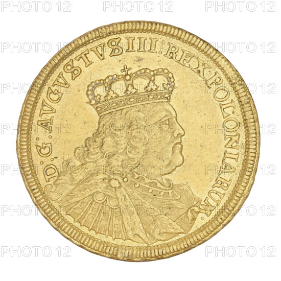 Double Augustor; maker: Croll, Ernest Dietrich (fl. 1753–1763); subject: August III the Saxon (King of Poland 1733–1763; Elector of Saxony 1696–1763); thaler coin, 1754, struck in Leipzig (Germany); weight 13.27 g. Obverse: Crowned bust of the king facing right with the Order of the Golden Fleece on the chest. Legend: D:G:AUGUSTUS III: REX POLONIARUM:. Reverse: Under a crown a five-opel shield, surrounded by two branches, with the Polish, Lithuanian and Saxon coats of arms. Bottom inscription/mark: E.-C. 10 TH. Inscription: SAC.ROM. IMP.ARCHIM. ET ELECT., A round metallic object with a golden color fills the frame, showing a raised profile of a person wearing an ornate crown and elaborate clothing with curled hair and detailed fabric texture; a beaded rim encircles the edge and a patterned border runs just inside it, with wear marks and small scratches visible on the surface.