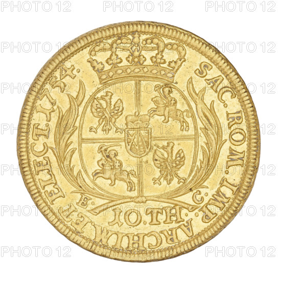 Double Augustor; maker: Ernest Dietrich Croll (fl. 1753–1763); subject: August III the Saxon (King of Poland 1733–1763; Elector of Saxony 1696–1763); thaler, 1754; struck in Leipzig, Germany; Polish coin; weight 13.27 g. Obverse: Crowned bust of the king facing right with the Order of the Golden Fleece on the chest. Legend: D:G:AUGUSTUS III: REX POLONIARUM:. Reverse: Under a crown a five-opel shield surrounded by two branches, with the Polish, Lithuanian, and Saxon coats of arms. Bottom inscription: E.-C. 10 TH. Inscription: SAC.ROM. IMP.ARCHIM. ET ELECT., A circular gold-colored coin with a raised rim and decorative edge, showing a central shield divided into quarters with small heraldic animals and a crown above; ornate leaf-like flourishes flank the shield and there is a curved ribbon-like band beneath it. The surface shows fine engraved lines and slight scratches, and the overall color palette is shades of gold and yellow.
