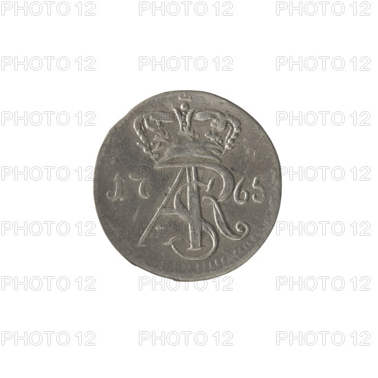 Torun trojak, Brückmann, Szymon (fl. 1764–1768); Stanislaw August Poniatowski (King of Poland; 1764–1795), monograms, royal monograms, tied monograms; Stanislaw August Poniatowski (King of Poland; 1732–1798); inscriptions; coats of arms; city coats of arms; Torun (coat of arms). Obverse: Under the crown, a tied monogram composed of the letters SAR; on the sides: 17–65; pearl border. Reverse: Shield with the Torun coat of arms held by an angel; on the sides signature: S–B; around an inscription beginning with a star .GROSSUS.TRIPLEX.THORNSIS; pearl border; 1765. Polish–Lithuanian Commonwealth (1569–1795); Torun, Poland. Coin. Diameter: 20.3–20.4 mm; weight: 1.46 g.