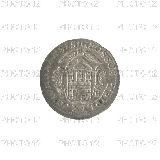 Torun trojak, Brückmann, Szymon (fl. 1764–1768); Stanislaw August Poniatowski (King of Poland; 1732–1798). Coin (trojak), 1765, Polish–Lithuanian Commonwealth. Obverse: under a crown, a tied monogram composed of the letters SAR, flanked by 17 - 65, with pearl border. Reverse: shield with the Torun coat of arms held by an angel; on the sides signature S - B; around an inscription beginning with a star .GROSSUS.TRIPLEX.THORNSIS, pearl border. Materials/measurements: coin; diameter ~20.3–20.4 mm; weight 1.46 g.