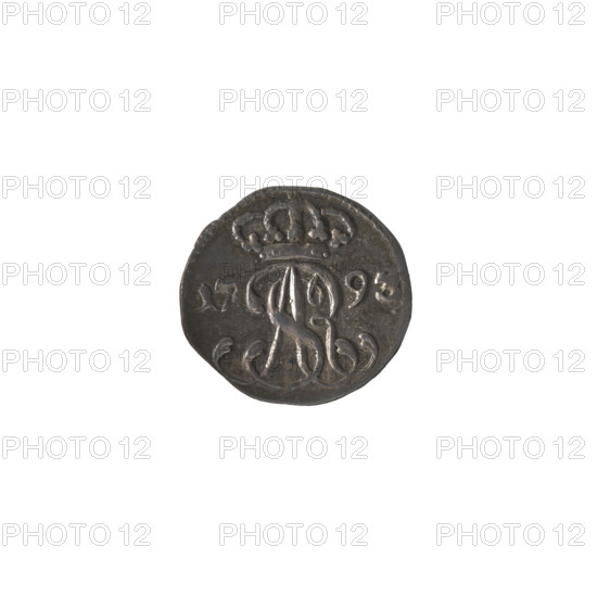 Gdansk trial szelag?, Stanislaw August Poniatowski (King of Poland; 1764–1795), Monogramist CLM (1793), monograms, royal monograms, tied monograms, Stanislaw August Poniatowski (King of Poland; 1732–1798), inscriptions, coats of arms, city coats of arms, Gdansk (coat of arms), city coins, trial coins. Obv.: Under the crown, a tied monogram composed of the letters SAR; on the sides: 17 - 93; pearl border. Rev.: Under the rosette, an inscription in three lines: SO / ID/ IVITAT / GEDAN; below, the coat of arms of Gdansk; on the sides a signature: CL - M.; pearl border. 1793, Polish–Lithuanian Commonwealth (1569–1795), Gdansk, Poland. Coin: diameter 15.0 mm (other measure 15.8 mm), weight 0.59 g.