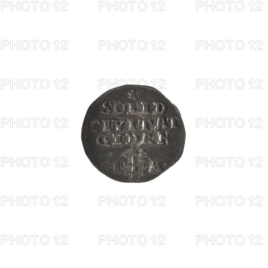 Gdansk trial szelag?, Stanislaw August Poniatowski (King of Poland; 1764–1795), Monogramist CLM (1793), monograms, royal monograms, tied monograms, Stanislaw August Poniatowski (King of Poland; 1732–1798), inscriptions, coats of arms, city coats of arms, Gdansk (coat of arms), city coins, trial coins. Obv.: Under the crown, a tied monogram composed of the letters SAR, on the sides: 17 - 93, pearl border. Rev.: Under the rosette, an inscription in three lines: SO / ID/ IVITAT / GEDAN, below the coat of arms of Gdansk, on the sides a signature: CL - M., pearl border. 1793, Polish–Lithuanian Commonwealth (1569–1795), Gdansk, Poland. Coin; diameter 15.0–15.8 mm, weight 0.59 g.