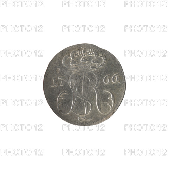 Gdansk triplet, Stüber; Frederick Louis (fl. 1763/1766-1767), publisher; Stanislaw August Poniatowski (King of Poland; 1732–1798), monograms, royal tied monogram composed of the letters SAR; Obverse: under the crown the tied monogram SAR, on the sides: 17 - 66, pearl border. Reverse: Gdansk coat of arms supported by two lions, signature below: FLS, around an inscription beginning with a star .GROSSVS TRIPLEX GEDANENSIS. 1766. Polish–Lithuanian Commonwealth (1569–1795), Gdansk, Poland. Coin (city coin), diameter 19.5–19.7 mm, weight 1.47 g.