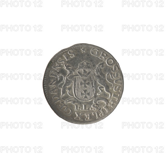 Gdansk triplet, Stüber; Frederick Louis (fl. 1763/1766-1767), publisher, Stanislaw August Poniatowski (King of Poland; 1764–1795), monograms, royal monograms, tied monograms, Stanislaw August Poniatowski (King of Poland; 1732–1798), coats of arms, city coats of arms, Gdansk (coat of arms), city coins, Obv.: Under the crown a tied monogram composed of the letters SAR, on the sides: 17 - 66, pearl border. Reverse: Gdansk coat of arms supported by two lions, signature below: FLS, around an inscription beginning with a star .GROSSVS TRIPLEX GEDANENSIS, pearl border. 1766. Polish–Lithuanian Commonwealth (1569–1795). Gdansk, Poland. Coin; diameter 19.5 mm, diameter 19.7 mm; weight 1.47 g.