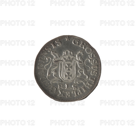 Gdansk triplet; Frederick Louis Stüber (fl. 1763/1766–1767), publisher; Stanislaw August Poniatowski (King of Poland; 1732–1798), tied royal monogram (SAR); Obv.: under crown a tied monogram composed of the letters SAR, flanked by 17 - 66, pearl border. Rev.: Gdansk coat of arms supported by two lions, below signature FLS, around inscription beginning with *GROSSVS TRIPLEX GEDANENSIS*, pearl border. 1766. Polish–Lithuanian Commonwealth (1569–1795), Gdansk, Poland. Coin; diameter approx. 19.8–20.0 mm; weight 1.79 g.