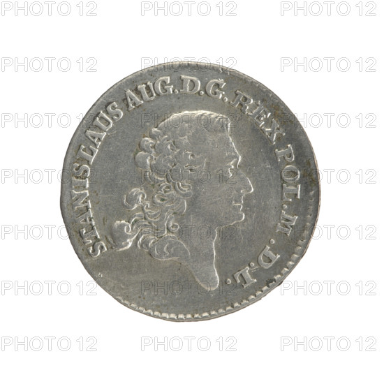 Gold crown, 1766. Obverse: Head of Stanislaw August Poniatowski, inscription around the rim: 'STANISLAUS AUG. D G REX POL. MDL', pearl border. Reverse: Under a crown, in a wreath, a round five-field heraldic shield with coats of arms of Poland (Eagle), Lithuania (Pogon) and the Poniatowski family (Ciolek); below the letters 'FS' and '4.GR', around it an inscription divided by a crown: 'LXXX.EX.MARCA.-PURA.COL:1766', pearl border; diagonally ribbed edge. Silver coin (Crown), Polish-Lithuanian Commonwealth, Warsaw; diameter ~27.4–27.5 mm, weight 5.34 g. Makers: Sylm, Frederick (1765–1767). Portraits of ruler; multi-field heraldic shields; heraldic shields under a crown; coats of arms.