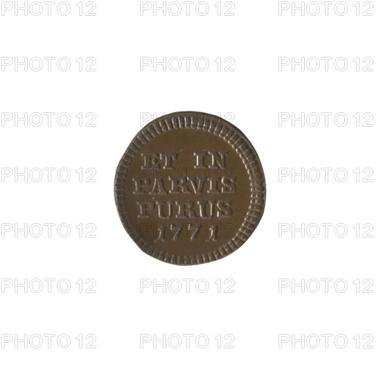 Silver crown trial groschen, 1771. Obverse: under the crown, a tied royal monogram composed of the letters SAR; pearl border. Reverse: inscription in four lines 'ET IN/PARVIS/PURUS/1771'; pearl border. Maker/engaver: Johann Philip Holzhaeusser (engraver); Mintmaster: Justyn Schröder (Warsaw Mint 1768–1772). Associated ruler: Stanislaw August Poniatowski (King of Poland, 1764–1795). Polish-Lithuanian Commonwealth (1569–1795), Warsaw, Poland. Coin; mint hallmark. Diameters: 16.0 mm and 16.4 mm; weight 1.60 g. Monograms, tied monograms, royal monograms; Crown trial coin; maxims; inscriptions.
