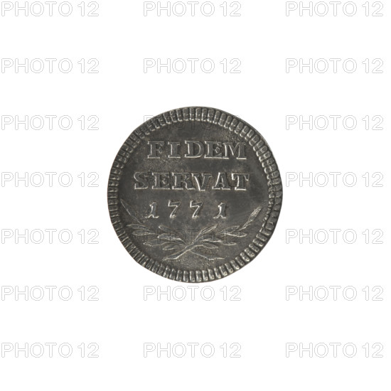 Crown proof groschen (Crown proof half-zloty coin), Stanislaw August Poniatowski (King of Poland; 1764–1795), engraved by Johann Philip Holzhaeusser (1731/1741–1792), mintmaster Justyn Schröder (Warsaw Mint 1768–1772). Features tied royal monogram SAR under a crown on the obverse with pearl border. Reverse inscription in three lines: FIDEM/SERVAT/1771, with two palm branches below and pearl border. Dated 1771. Polish–Lithuanian Commonwealth (1569–1795), struck in Warsaw, Poland. Mint hallmark. Coin diameter 18.1–18.4 mm; weight 2.16 g.