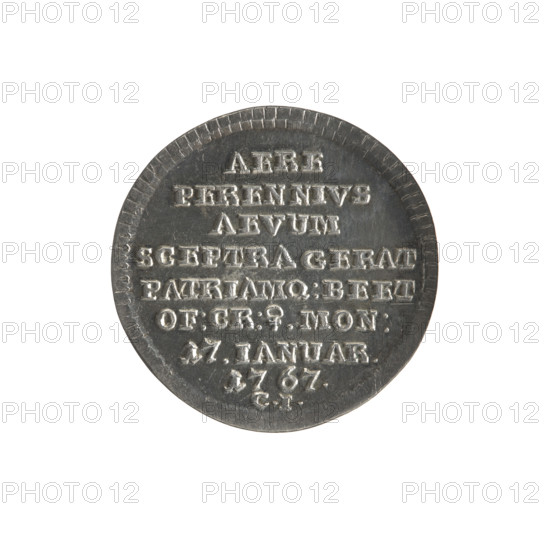 Obv.: Head of Stanislaw August turned to the right, around it a divided inscription at the bottom: STANISLAUS AUG: D:G:REX POL:M:D:L: -, pearl border. Rv.: Inscription in eight lines: AERE/PERENNIVS/AEVUM/SCEPTRA GERAT/PATRIAMQ:BEET/OF:CR:?.MON:/17.IANUAR./1767., below CI signature, pearl border, decorative edge. Historical troika; commemorative coin; Stanislaw August Poniatowski (King of Poland; 1732–1798) — iconography, portraits of rulers, commemorative coins; Konstanty Jablonowski — inspector (1767). 1767. Polish–Lithuanian Commonwealth (1569–1795). Kraków, Poland. Coin (commemorative). Diameter 28.4–28.6 mm; weight 7.46 g.