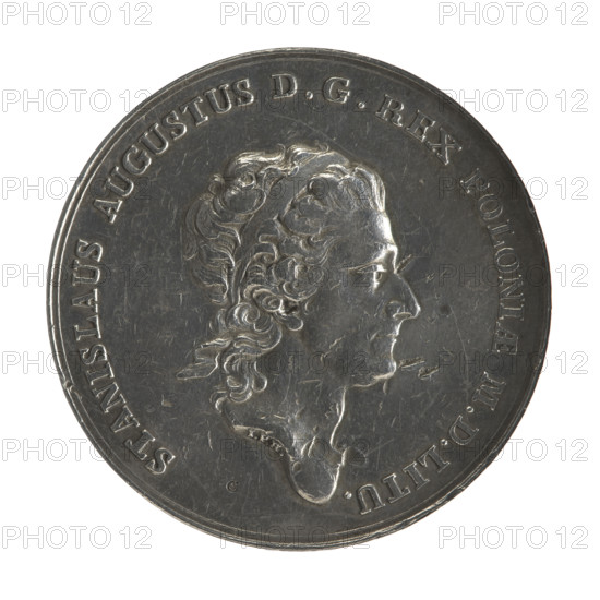 Trial crown thaler, Stanislaw August Poniatowski (King of Poland; 1764–1795). Engraver: Johann Philip Holzhaeusser (1731/1741–1792). Mintmaster of the Warsaw Mint 1768–1772: Justyn Schröder. Subject: Polish coin, trial coin (crown coin), iconography — portrait of ruler, maxims, scales. Obverse: Head of Stanislaw August turned right; divided inscription at bottom: STANISLAUS AUGUSTUS DG REX POLONIAE MDLITU; continuous border; engraver signature at neck intersection: IPH. Reverse: Libra; semicircular inscription above: DAT IUSTI PRETIUM; date 1771 under the line; continuous border. Date: 1771. Place: Warsaw, Polish–Lithuanian Commonwealth (1569–1795). Object type/material: coin; mint hallmark present. Dimensions: diameter 40.0–40.2 mm; weight 19.77 g.