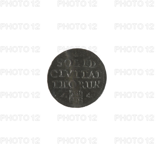 Torun szelag, Stanislaw August Poniatowski (King of Poland; 1764–1795), Brückmann, Szymon (fl. 1764–1768), monograms, royal monograms, tied monograms, Stanislaw August Poniatowski (King of Poland; 1732–1798), inscriptions, coats of arms, city coats of arms, Torun (coat of arms). Obv.: Under the crown, a tied monogram composed of the letters SAR, on the sides: 17 - 65, pearl border. Rev.: Under the trefoil, an inscription in three lines: SOLID/CIVITAT/THORUN, below the coat of arms of Torun, on its sides trefoils, pearl border, 1765. Polish–Lithuanian Commonwealth (1569–1795), Torun, Poland. Coin: diameter 15.3–15.6 mm, weight 0.54 g.