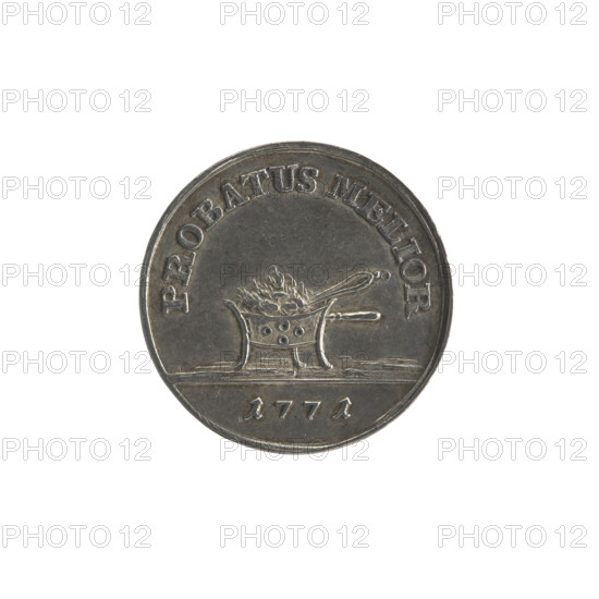 Trial crown zloty; Stanislaw August Poniatowski (King of Poland; reign 1764–1795); engraver Johann Philip Holzhaeusser (1731 or 1741–1792); mintmaster Justyn Schröder (Warsaw Mint 1768–1772). Polish crown trial coin, 1771. Obverse: head of Stanislaw August turned right, divided inscription at bottom: STANISLAUS AUG.DGREX POL.MDL, continuous border. Reverse: mint crucible, semicircular inscription above: PROBATUS MELIOR, date 1771 below line, continuous border. Mint hallmark present. Polish–Lithuanian Commonwealth (1569–1795), Warsaw, Poland. Coin: diameter 21.1–21.2 mm, weight 2.55 g.