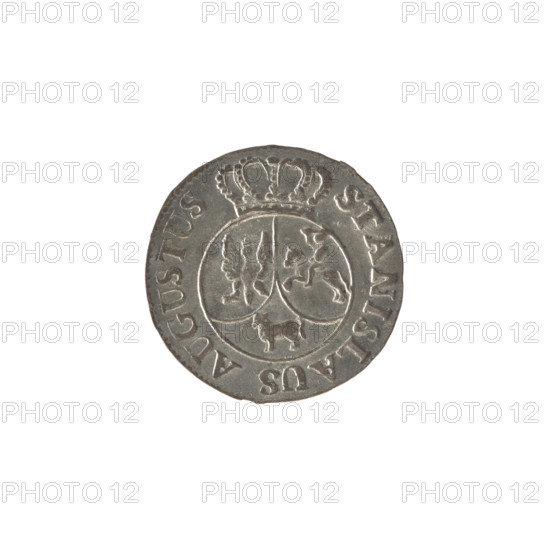 Crown sixer, Stanislaw August Poniatowski (King of Poland; 1764–1795). Obverse: Under the crown a round, three-field coat of arms with the coats of arms of Poland (Eagle), Lithuania (Pogon) and the Poniatowski coat of arms (Ciolek); around the inscription divided by a crown: STANISLAUS AUGUSTUS — pearl border. Reverse: Inscription in three lines: .6./GROSZY/1794. (rosette value numerals on the sides), pearl border. 1794; Polish–Lithuanian Commonwealth (1569–1795); Warsaw, Poland. Coin; diameter 19.2–19.4 mm; weight 1.64 g.