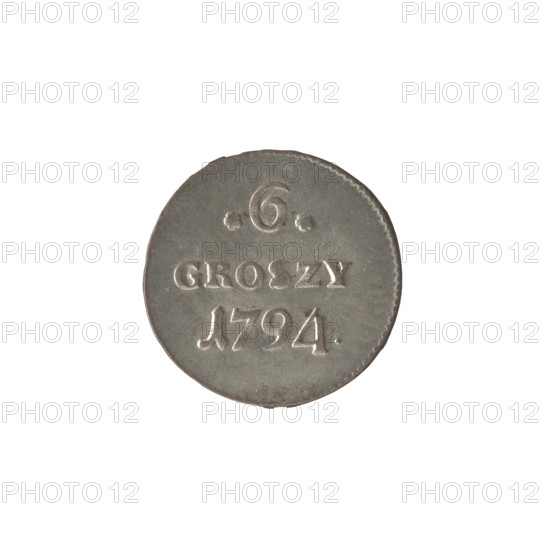 Crown sixer, Stanislaw August Poniatowski (King of Poland; 1732–1798), 1794. Coin (Polish-Lithuanian Commonwealth), diameter ~19.2–19.4 mm, weight 1.64 g. Obverse: Under a crown a round three-field coat of arms with Poland (Eagle), Lithuania (Pogon) and the Poniatowski coat of arms (Ciolek); around inscription divided by a crown: STANISLAUS AUGUSTUS; pearl border. Reverse: Inscription in three lines: .6./GROSZY/1794. with rosette value numerals at the sides; pearl border. Coats of arms under a crown; inscriptions.