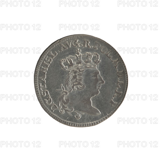 Torun six-coin, Stanislaw August Poniatowski (King of Poland; 1764–1795), Brückmann, Szymon (fl. 1764–1768). Obverse: Turned right, crowned head of Stanislaw August, around the inscription divided at the bottom: DGSTANISL.AVG.R.POL.MDLRP, border of pearls. Reverse: Shield with the Torun coat of arms held by an angel, date on the sides: 17 - 65, below signature: S - B, under the shield number of values: VI, around the inscription beginning with a rosette: .MONETA.ARGENT - CIVITA.THORUNENS, pearl border. 1765. Polish–Lithuanian Commonwealth (1569–1795), Torun, Poland. Coin; diameter 23.4–23.6 mm, weight 3.15 g.