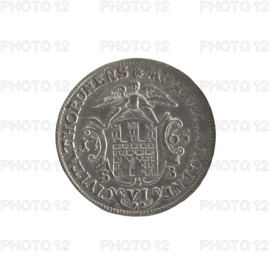 Torun six-coin, Stanislaw August Poniatowski (King of Poland; 1764–1795); maker: Szymon Brückmann (fl. 1764–1768). Obverse: Turned right, crowned head of Stanislaw August, around inscription divided at the bottom: DGSTANISL.AVG.R.POL.MDLRP, border of pearls. Reverse: Shield with the Torun coat of arms held by an angel; on the sides date: 17 - 65; below signature: S - B; under the shield denomination: VI; around inscription beginning with a rosette: .MONETA.ARGENT - CIVITA.THORUNENS, pearl border. 1765. Polish–Lithuanian Commonwealth (1569–1795), Torun, Poland. Coin; diameter 23.4–23.6 mm; weight 3.15 g.