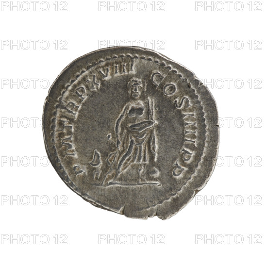 Denarius, Caracalla (188–217 CE). Obverse: ANTONINVS PIVS AVG GERM — head of the emperor with a laurel wreath right; beaded border. Reverse: PM TR P X VIII COS III IPP — Standing Asclepius facing left with staff and serpent in right hand; sphere at his feet to right and a small figure to left; pearl border. 215 CE. Roman Empire (27 BC–476). Rome. Coin; diameter 19.2 mm, weight 3.91 g, axis 0°.