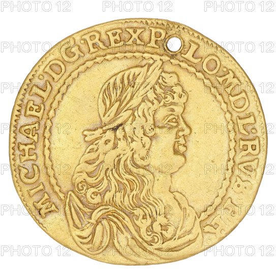 Torun donative 2 ducats by Hans Dawid Lauer (1649–1669) for King Michal Korybut Wisniowiecki (King of Poland, 1669–1673). Gold coin (Poland, Torun), diameter 30 mm, weight 6.55 g, axis 180°., A round gold coin with a raised profile of a person facing right, wearing a laurel wreath and with long curly hair flowing over a draped shoulder; the coin has a decorative beaded inner border and a raised rim, and there is a small circular hole near the rim; visible colors include shades of gold and pale yellow with subtle darker gold shading in the engraved areas.
