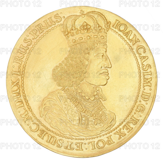 Donatives; John II Casimir Vasa (King of Poland; 1609–1672) — iconography; Gdansk (Pomeranian Voivodeship); Order of the Golden Fleece; city panoramas; portraits of rulers; Gdansk (coat of arms); city coats of arms; allegorical scenes; busts; cityscapes; portraits; lions; Polish coins; crowns., A round gold-colored coin showing the raised profile of a crowned figure facing right with curly hair and ornate clothing, surrounded by a decorative beaded inner rim and a raised outer rim with embossed lettering; the coin surface shows slight variations in the gold color with areas of lighter and darker gold and fine engraved details in the crown, hair, and garment.