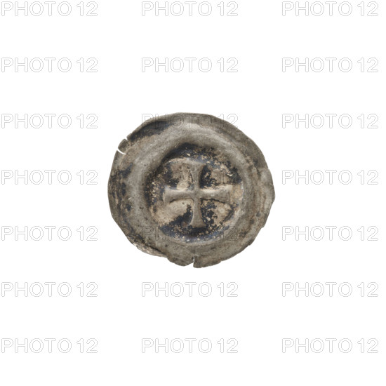Denarius bracteate, one-sided coin; iconography: Greek (equal-armed) cross with ends of the arms extended; rarity: R5 (rare); subject: crosses, Teutonic Knights (Order); date: 2nd half of the 13th century; polity: State of the Teutonic Order (1226–1525); material/function: coin (one-sided); diameter: 16.4–16.6 mm; weight: 0.18 g.