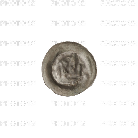 denarius - bracteate, crown II (iconographic), crowns, one-sided coins, crosses, balls, Teutonic Knights (order); crown topped with a cross with widening arms placed between elongated, outwardly flaring arches; ca. 1337/1338–ca. 1345; State of the Teutonic Order (1226–1525); coin (one-sided); diameter 15.6 mm; weight 0.21 g