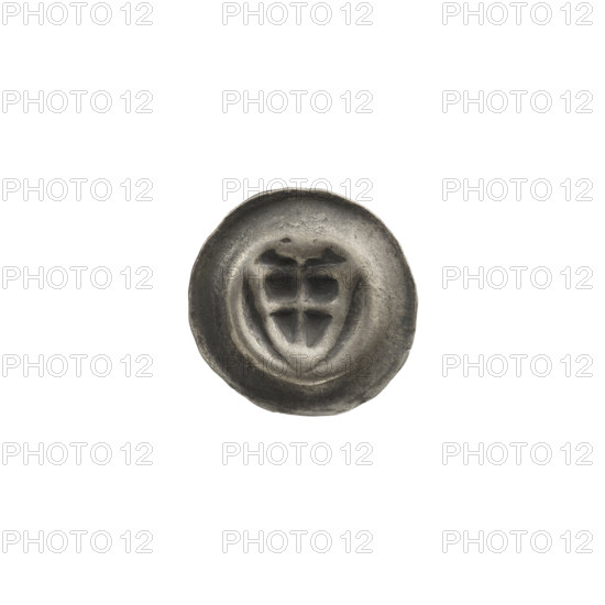 Denarius - bracteate; subject: triangular shield with a cross (arms reaching its edge) with a cross above; additional shields and crosses; iconography: shields, triangular shield, crosses; one-sided coin; issuer: Teutonic Knights (Order), State of the Teutonic Order (1226–1525); date: ca. 1307/1308–ca. 1317/1318; medium/function: coin (bracteate, one-sided); diameter 15 mm; weight 0.27 g.