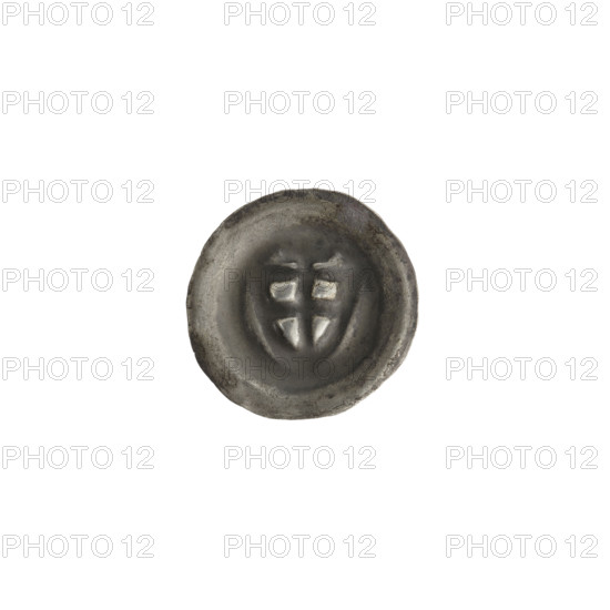 Denarius bracteate; triangular shield with a cross whose arms reach the edge, a cross above it; shields; crosses; one-sided coin; Teutonic Knights (order); ca. 1307/1308–ca. 1317/1318; State of the Teutonic Order (1226–1525); coin (one-sided); diameter 15 mm; weight 0.27 g