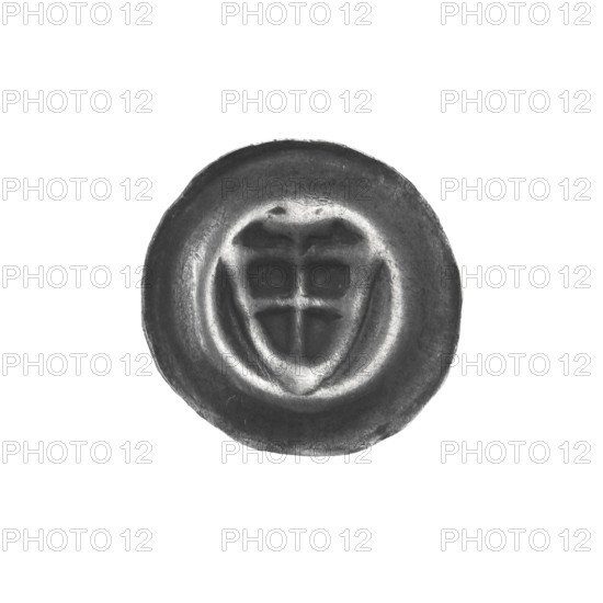Denarius - bracteate; one-sided coin depicting a triangular shield with a cross whose arms reach the edge, a cross above it; shields; crosses; iconography noted as 'shield with a cross I' and 'triangular shield (iconographic)'; Teutonic Knights (order); date ca. 1307/1308–ca. 1317/1318; State of the Teutonic Order (1226–1525); diameter 15 mm; weight 0.27 g