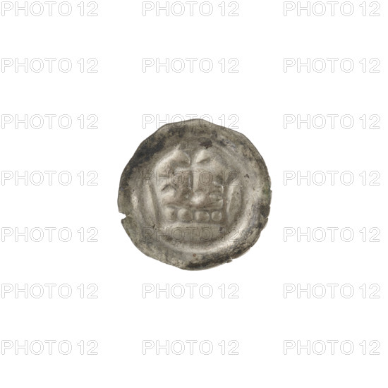 Denarius — bracteate; crown I (iconographic); crowns; one-sided coin; crosses; Teutonic Knights (order). Crown composed of a hoop with quadrangular holes and two arches with projections; between the arches, a cross on a spherical base with widening ends of the arms. Ca. 1287/1288–ca. 1297/1298. State of the Teutonic Order (1226–1525). Coin (one-sided). Diameter 15.4 mm, weight 0.23 g.
