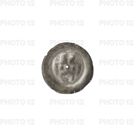 Denarius - bracteate; Gate II (iconographic); gates; equal-armed cross (iconographic); trefoils; one-sided coin; Teutonic Knights (order); gate topped with three pillars topped with trefoils. Under the arched vault of the gate, an equal-armed cross. Ca. 1327/1328–ca. 1337/1338. State of the Teutonic Order (1226–1525). Coin (one-sided). Diameter 15 mm; weight 0.20 g.