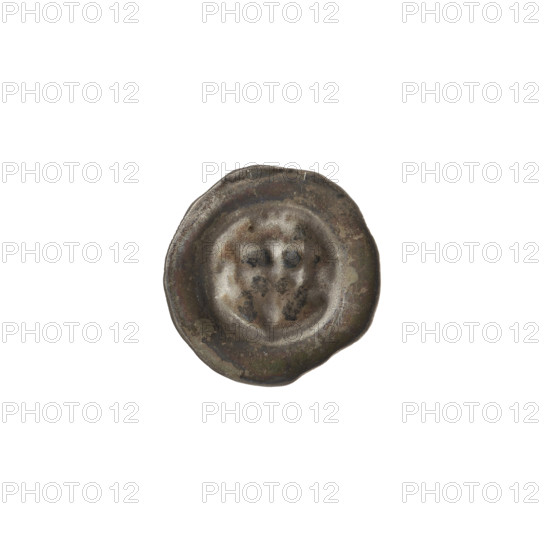 Denarius - bracteate: one-sided coin featuring a triangular shield with a cross whose arms reach the edge. A single ball lies on the shield where the cross arms extend; three balls appear on both sides of the shield and above it. Iconography: shield with cross, shields, balls. Issued by the Teutonic Knights (Order). ca. 1307/1308–ca. 1317/1318. Diameter 15.7 mm; weight 0.23 g.