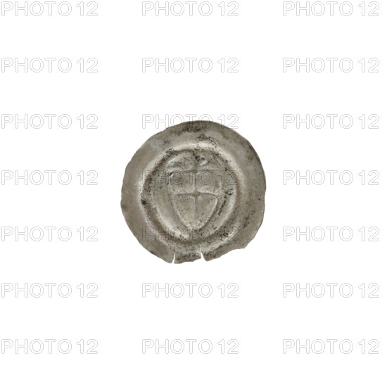 Denarius - bracteate; one-sided coin depicting a triangular shield with a cross whose arms reach the edge, additional shields; illegible mark above the shield. Iconography: shield with cross I, shields, triangular shield. Issuer: Teutonic Knights (Order), State of the Teutonic Order (1226–1525). Date: ca. 1307/1308–ca. 1317/1318. Medium: coin (one-sided). Diameter: 14.7 mm. Weight: 0.20 g.