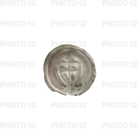 Denarius - bracteate; triangular shield with a cross whose arms reach the edge; shields; one-sided coin; Teutonic Knights (order); illegible mark above the shield; ca. 1307/1308–ca. 1317/1318; coin (one-sided); diameter 14.7 mm; weight 0.20 g WQXBCFS