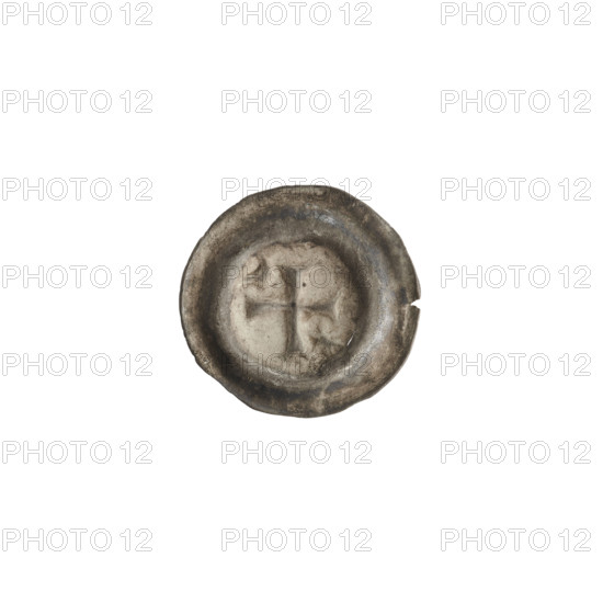 Denarius — bracteate; one-sided coin depicting an isosceles cross with expanding, split arms. In one angle between the arms a six-pointed star, in the opposite angle a crescent (moon); additional stars. 2nd half of the 13th century. State of the Teutonic Order (1226–1525). Diameter 15.4 mm; weight 0.25 g.