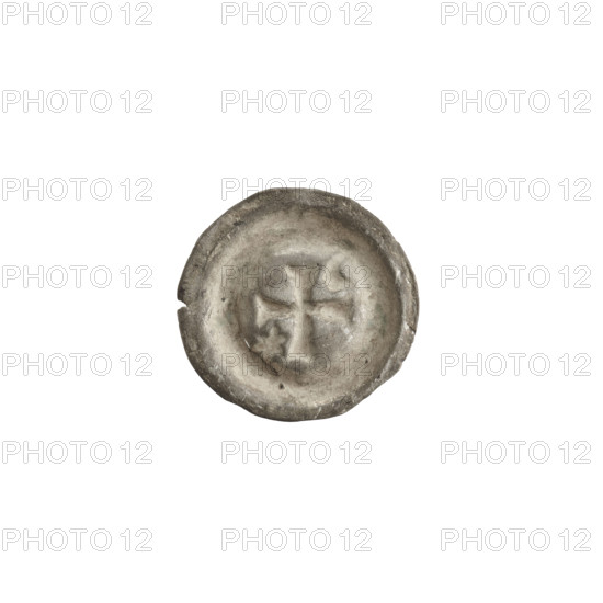 Denarius (bracteate) with isosceles cross with expanding, split arms; in one angle a six-pointed star, in the opposite angle a crescent (moon) and additional stars. One-sided coin; associated with the Teutonic Knights (State of the Teutonic Order), 2nd half of the 13th century. Diameter 15.4 mm, weight 0.25 g.
