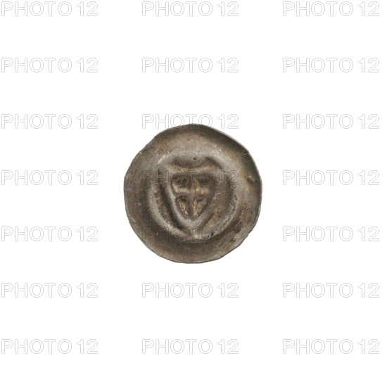 Denarius bracteate; one-sided coin depicting a triangular shield with a cross whose arms reach the edge, a cross above it; shields; crosses; iconography linked to the Teutonic Knights (Order); ca. 1307/1308–ca. 1317/1318; State of the Teutonic Order (1226–1525); coin (one-sided); diameter 14 mm; weight 0.24 g