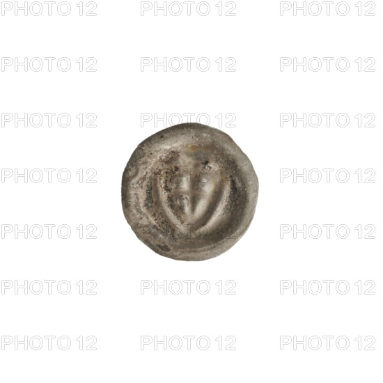 Denarius (bracteate): one-sided coin featuring a triangular shield with a cross whose arms reach the edge, a cross above it; iconography includes shields and crosses; associated with the Teutonic Knights (Order), State of the Teutonic Order (1226–1525); ca. 1307/1308–ca. 1317/1318; diameter 14 mm, weight 0.24 g.