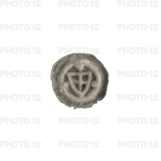 Denarius - bracteate; one-sided coin showing a triangular shield with a cross whose arms reach the edge, one ball on each side of the shield; above the shield a cross merging with the border. Iconography: shield with cross I, shields, triangular shield, balls, crosses, Teutonic Knights (order). Ca. 1307/1308–ca. 1317/1318. Coin (one-sided). Diameter 14.5 mm, weight 0.21 g.