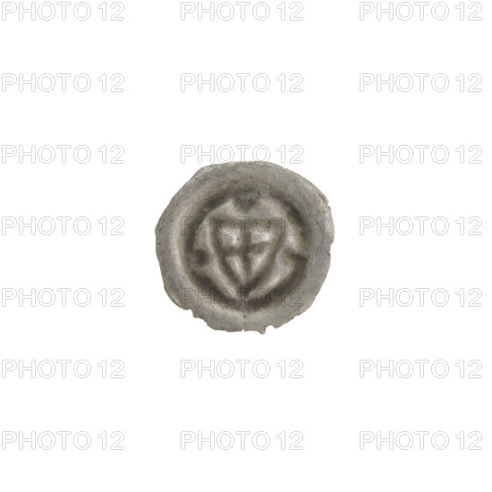 Denarius (bracteate). One-sided coin depicting a triangular shield with a cross whose arms reach the edge; one ball on each side of the shield; above the shield a cross merging with the border. Iconography: shield with cross, shields, triangular shield, balls, crosses. Teutonic Knights (Order). Ca. 1307/1308–ca. 1317/1318. Coin (one-sided). Diameter 14.5 mm; weight 0.21 g.