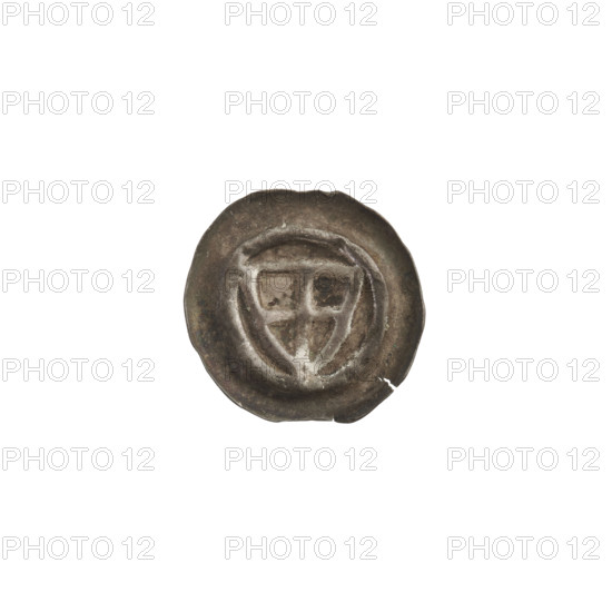 Denarius - bracteate; triangular shield with a cross whose arms reach the edge; shields; one-sided coin; iconography: shield with a cross I; Teutonic Knights (Order); ca. 1307/1308–ca. 1317/1318; State of the Teutonic Order (1226–1525); coin (one-sided); diameter 15.8–15.9 mm; weight 0.23 g. WQXBCFS