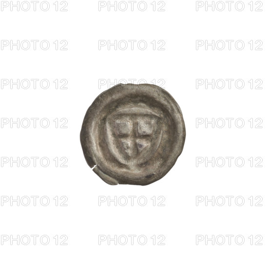 Denarius - bracteate; triangular shield with a cross whose arms reach the edge; shields; one-sided coin; iconography: shield with a cross; Teutonic Knights (Order); ca. 1307/1308–ca. 1317/1318; State of the Teutonic Order (1226–1525); coin (one-sided); diameter 15.8–15.9 mm; weight 0.23 g WQXBCFS