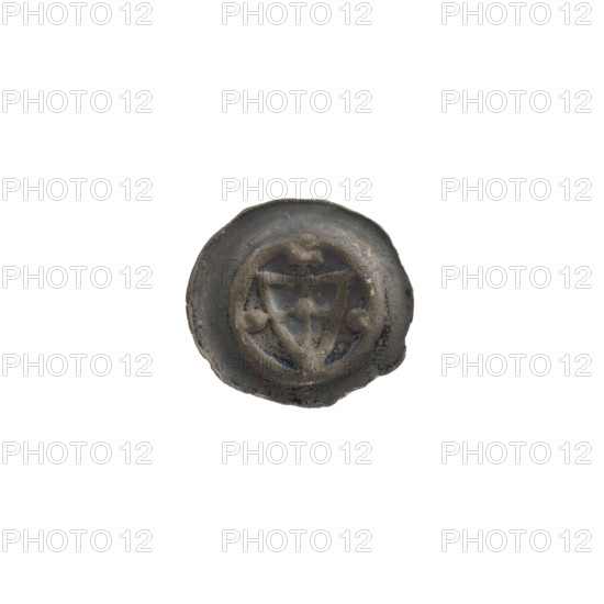Denarius - bracteate: one-sided coin depicting a triangular shield with a cross whose arms reach the shield's edge. At the intersection of the cross's arms is a ball; one ball appears on each side of the shield. Above the shield is a cross with expanding arms. Iconography: shield with cross, shields, triangular shield, balls, crosses; associated with the Teutonic Knights (Order). Ca. 1307/1308–ca. 1317/1318. Diameter 14.6 mm; weight 0.21 g.