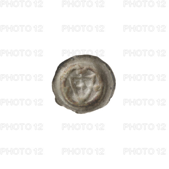 Denarius - bracteate; one-sided coin depicting a triangular shield with a cross whose arms reach the shield's edge. At the intersection of the cross's arms is a ball; one ball appears on each side of the shield. Above the shield is a cross with expanding arms. Shields and balls motif; crosses; associated with the Teutonic Knights (Order). Ca. 1307/1308–ca. 1317/1318. Diameter 14.6 mm; weight 0.21 g. WQXBCFS