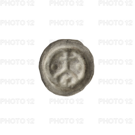 Denarius - bracteate; one-sided coin. Obverse: Cross supported by an arch (arcade I iconographic), crosses, balls, six-pointed star below the arch, one ball on each side of the cross, stars. Associated with the Teutonic Knights (Order). Date: ca. 1277/1278–ca. 1287/1288. State of the Teutonic Order (1226–1525). Diameter 16.7 mm; weight 0.30 g.