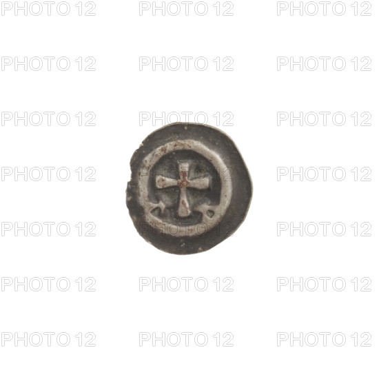 Denarius bracteate, one-sided coin featuring equal-armed crosses and a Latin cross with slightly widening arm tips; on both sides of its longer arm is one cross with widening arms (the cross on the left side of the coin field is placed slightly higher). Teutonic Knights (order). Dated ca. 1317/1318–ca. 1327/1328. Coin (one-sided). Diameter 13.7 mm, weight 0.17 g.