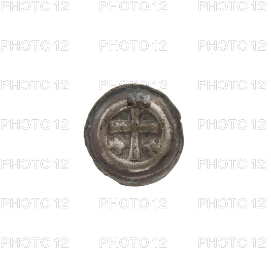 denarius - barkteat; Latin cross (iconographic); one-sided coin; equal-armed crosses (iconographic); Teutonic Knights (order); Latin cross with slightly widening arm ends; on each side of its longer arm, one equal-armed cross; ca. 1317/1318 - ca. 1327/1328; State of the Teutonic Order (1226-1525); coin (one-sided); diameter 14.7 mm; weight 0.22 g