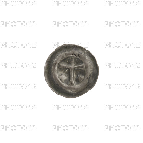 Denarius - bracteate, one-sided coin; subject: Latin cross with slightly widening arm tips. On both sides of its longer arm is one isosceles cross; the cross on the right side is slightly diagonal. Iconography: Latin cross, isosceles crosses. Attributed to the Teutonic Knights (Order). Date: ca. 1317/1318–ca. 1327/1328. Material/function: coin (bracteate). Diameter: 14.7 mm; weight: 0.23 g.