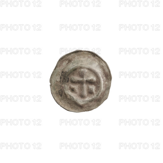 Denarius bracteate, one-sided coin depicting a Latin cross with rounded arm ends; on both sides of its longer arm, one diagonal equal-armed cross; additional equal-armed crosses; crosses with rounded arm ends similar to rhombuses. Iconography: Latin cross (rounded arm ends), equal-armed crosses. Teutonic Knights (order). Ca. 1317/1318–ca. 1327/1328. Coin (one-sided). Diameter 15.2 mm; weight 0.23 g.